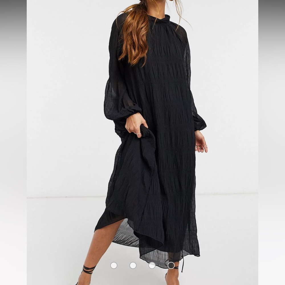 ASOS DESIGN Textured Trapeze Midi Maxi Dress Balloon Sleeves Black
